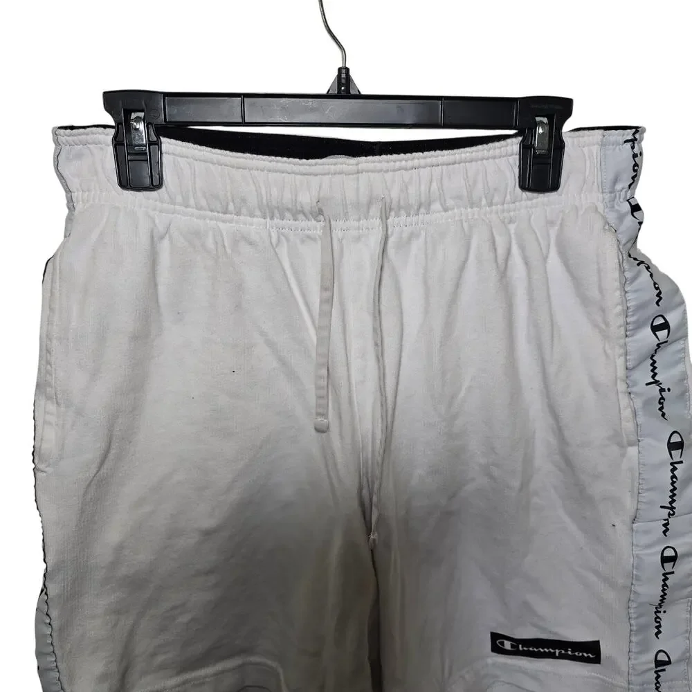 Vintage Mens Champion White Shorts Side Stripe Pockets Cotton Size Med Tie Waist